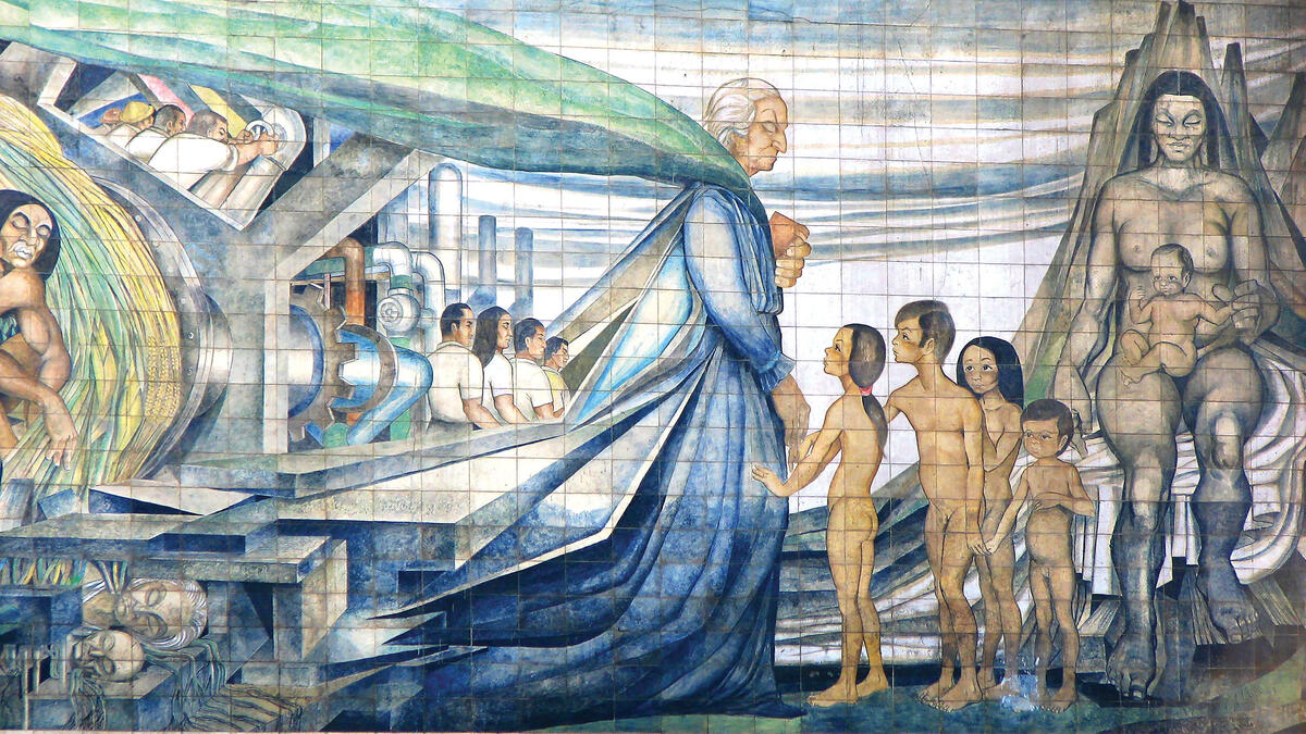 Gabriela Mistral: Mother love and child care, but also death and economic justice. (Photo by Ricardo Hurtubia/Mural by Fernando Daza, 1970.) A mural honors Gabriela Mistral with themes important to her: mother love and child care, but also death and economic justice. (Photo by Ricardo Hurtubia/Mural by Fernando Daza, 1970.)