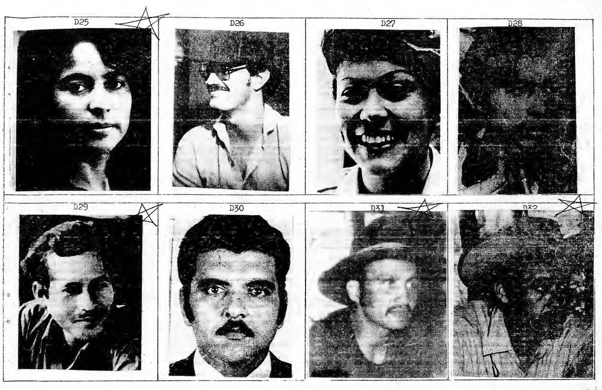 A page from El Salvador’s “Yellow Book,” with photos of civilians marked as potential targets for violence by the military. (Image courtesy of Angelina Snodgrass Godoy.)