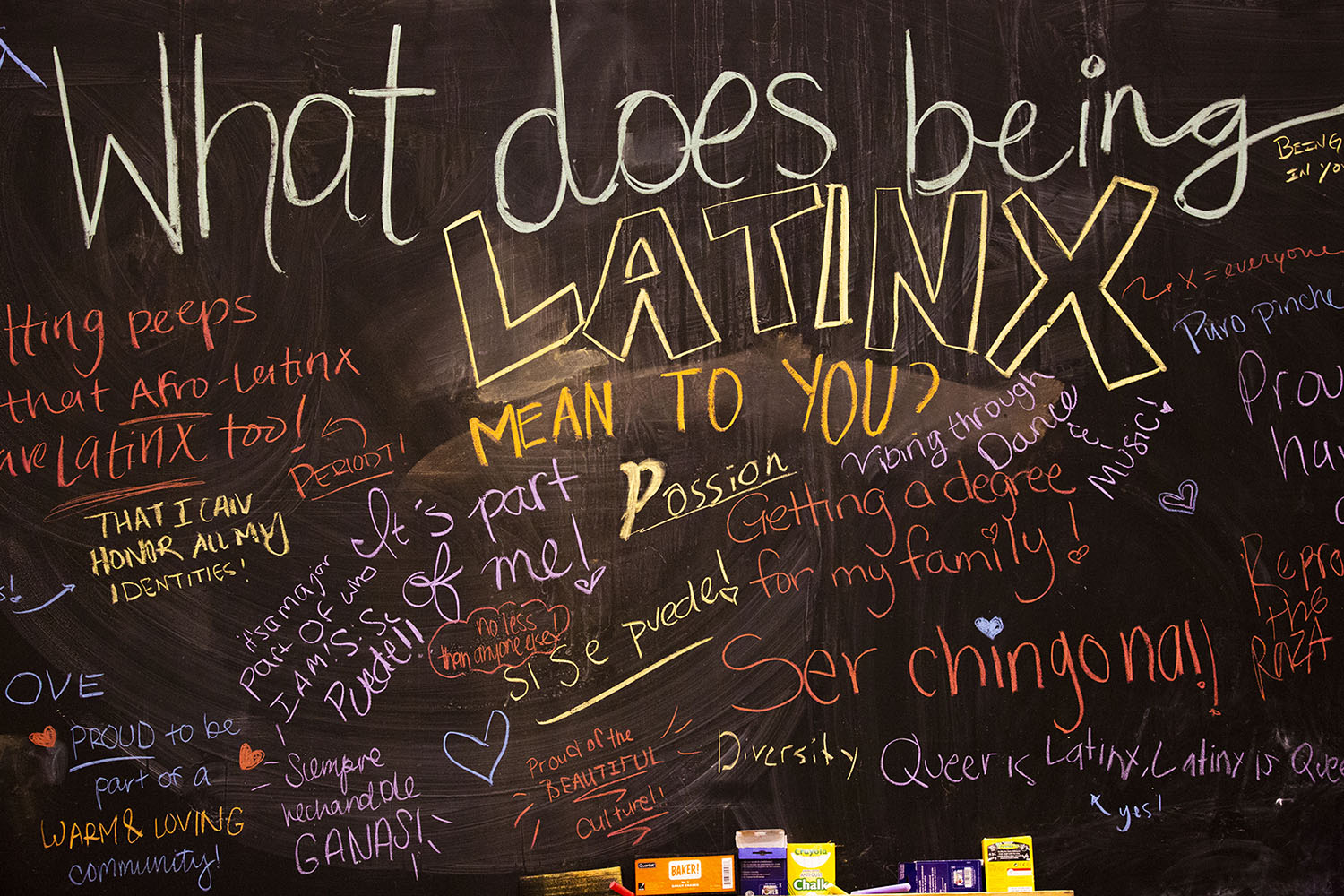 A chalkboard fills with messages of what being Latinx means to people at California State University, Fullerton, in 2019. (Photo by CUSF Photos.)