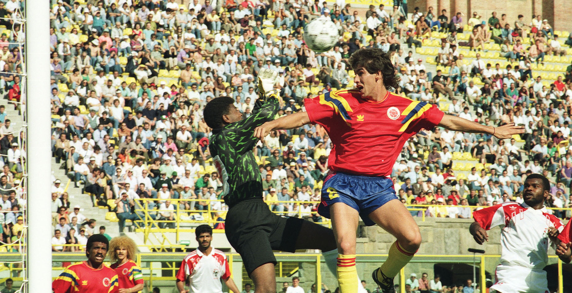 Andrés Escobar rises above a goalie for a header shot as part of the Colombian national team. (Photo courtesy of All Rise Films.)