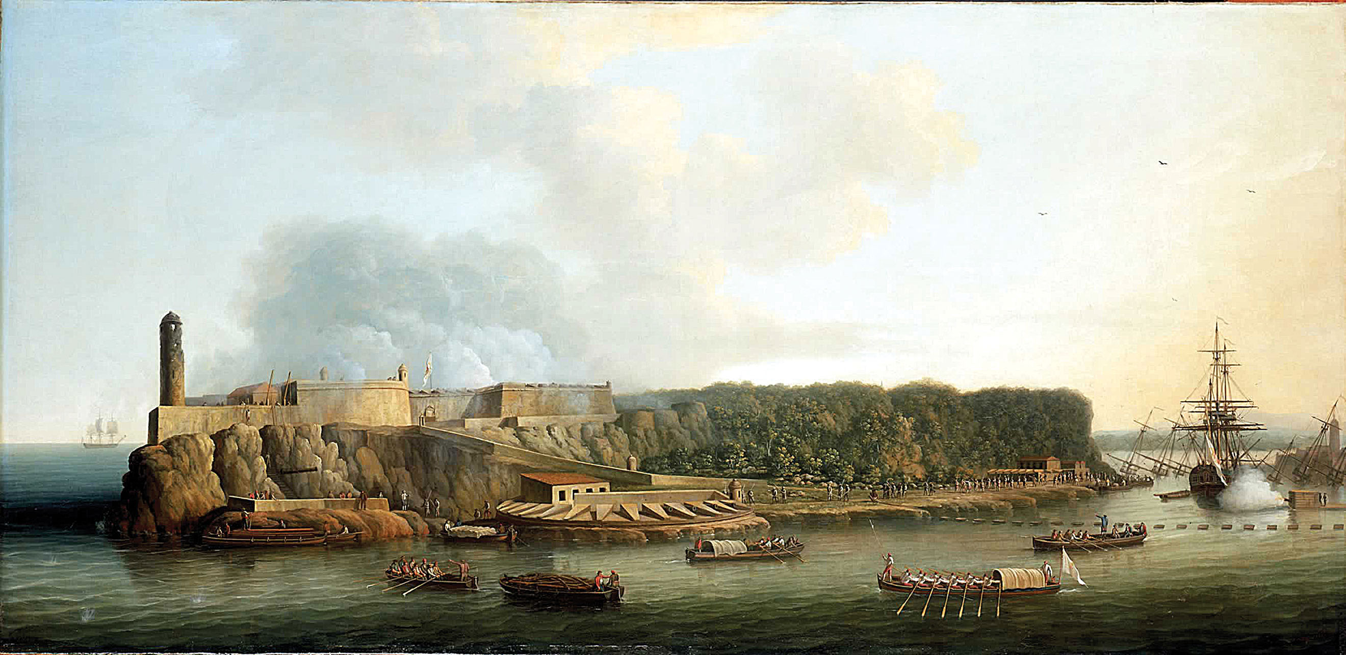 “The Capture of Havana, 1762: The Morro Castle and the Boom Defense Before the Attack.” Painting by Dominic Serres the Elder. (Image from Wikimedia Commons.) “The Capture of Havana, 1762: The Morro Castle and the Boom Defense Before the Attack.” Painting by Dominic Serres the Elder. (Image from Wikimedia Commons.)