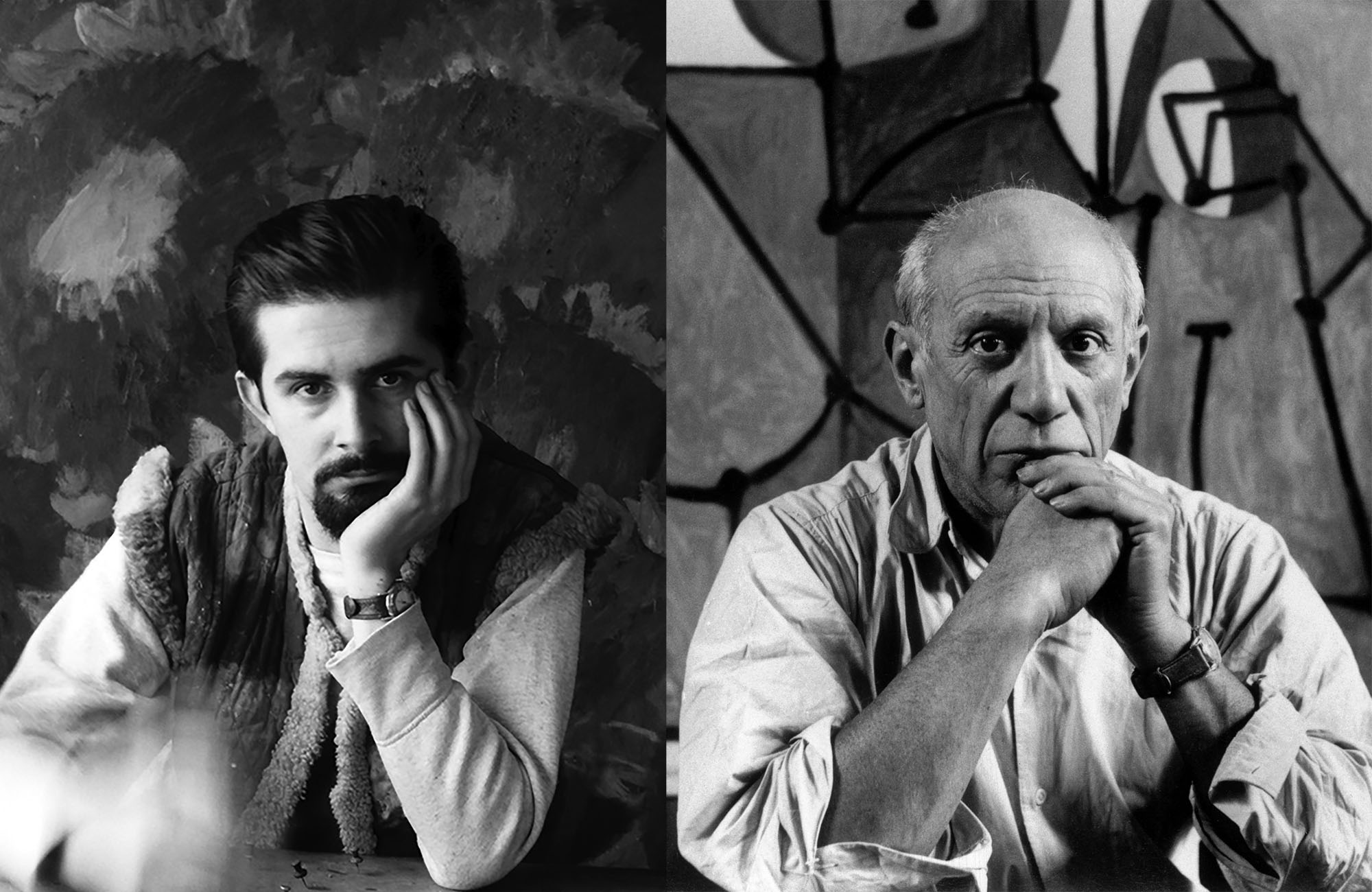 A diptych portrait of Fernando Botero in 1959 and Pablo Picasso in 1948. (Photos copyright Fernando Botero and Herbert List/Magnum Photos.)  