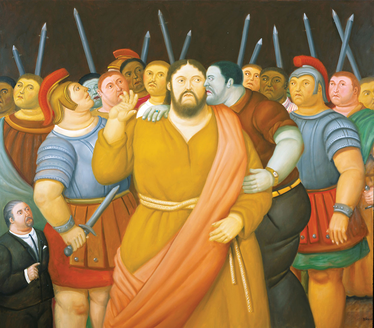 Fernando Botero “The Kiss of Judas” (El beso de Judas)  2011, oil on canvas, 55” x 63” From his series “Via Crucis:  The Passion of the Christ.” (Painting by and © Fernando Botero, image courtesy of The Marlborough Gallery, New York.)