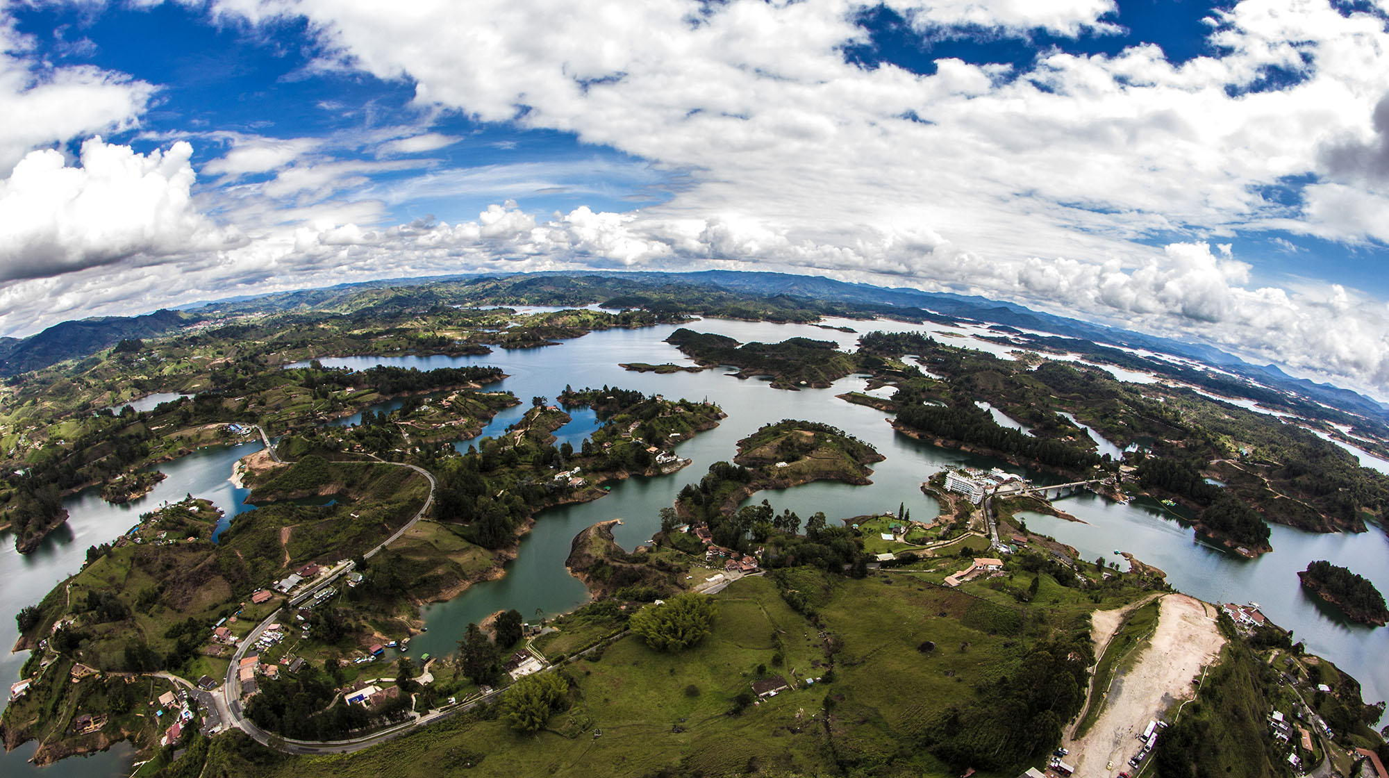 Lakes and islands dot a panoramic photo of Guatapé, Antioquia, Colombia. (Photo by Federico Carranza.)
