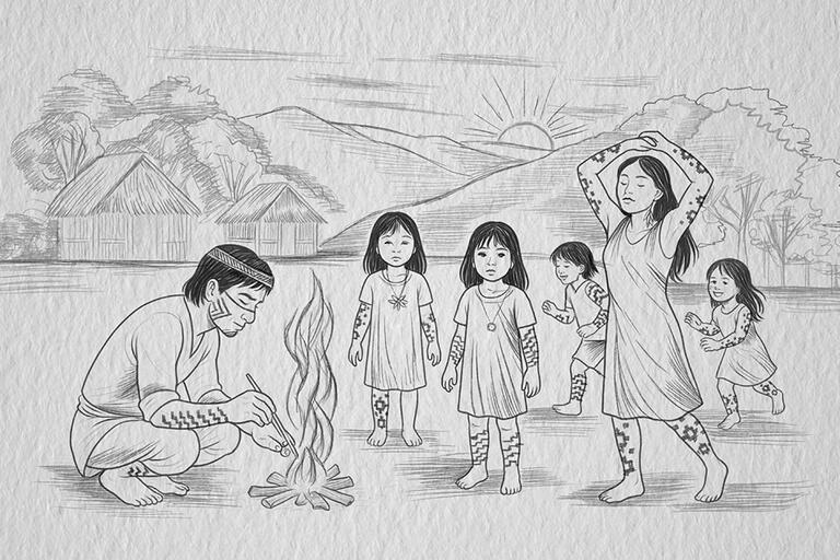 A black and white drawing of Indigenous adults and children around a campfire.