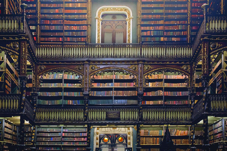 The former imperial library in Rio de Janeiro, high walls covered in colorful books
