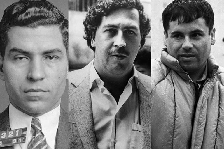 Black and white portraits of Lucky Luciano, Pablo Escobar, and "El Chapo" Guzmán