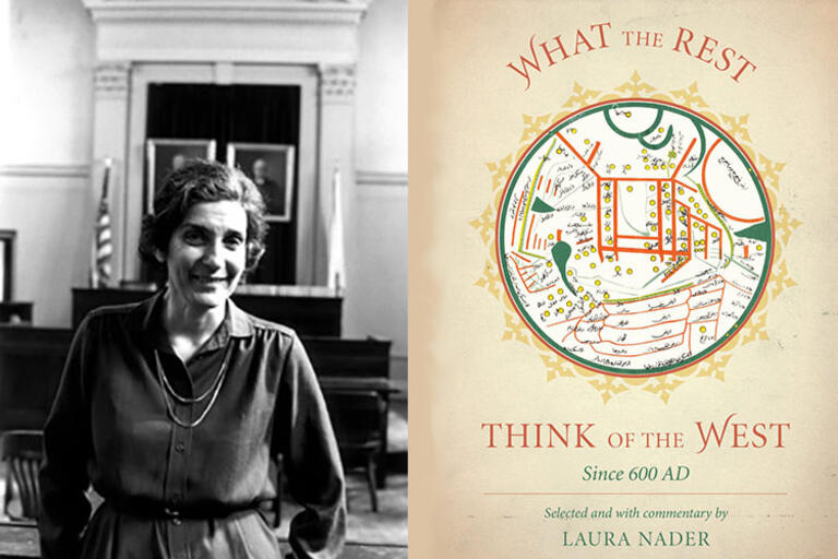 Laura Nader with the cover of one of her books.