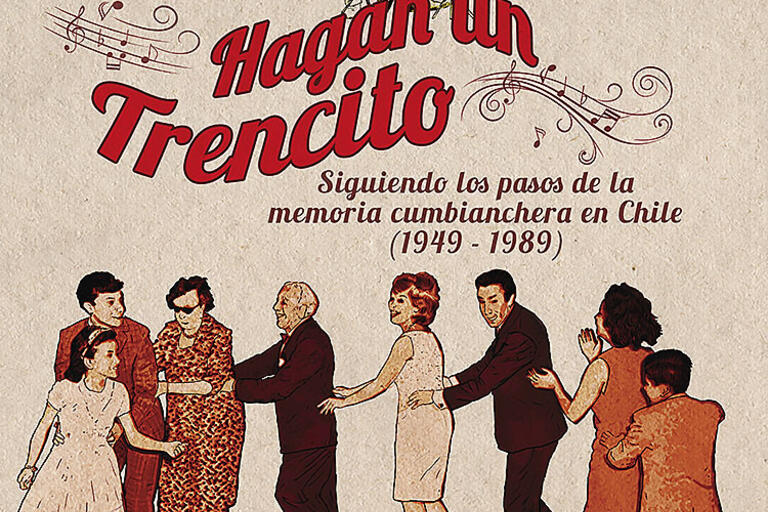 Cover image from the book "Hagan un Trencito,” a red sketch of people dancing
