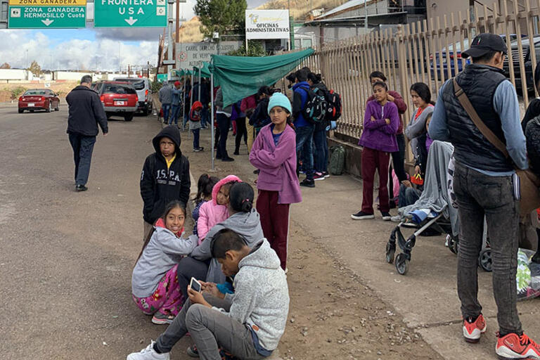 A group of migrants kids being assisted by the Kino Border Initiative while waiting in Nogales, Mexico,