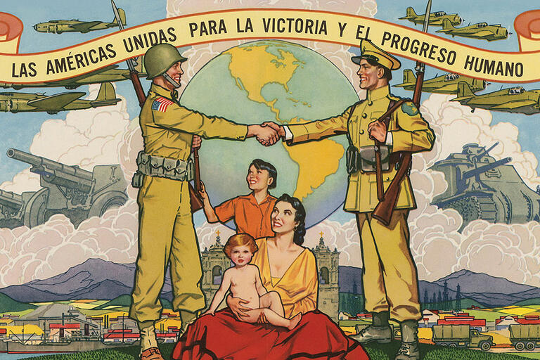 The front cover of Cooperating with the Colossus, showing a propaganda poster of U.S.-Latin American relations in World War 2.