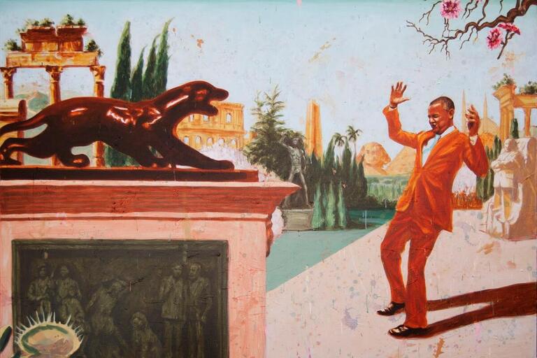 Brightly colored painting of a man responding to a puma statue.