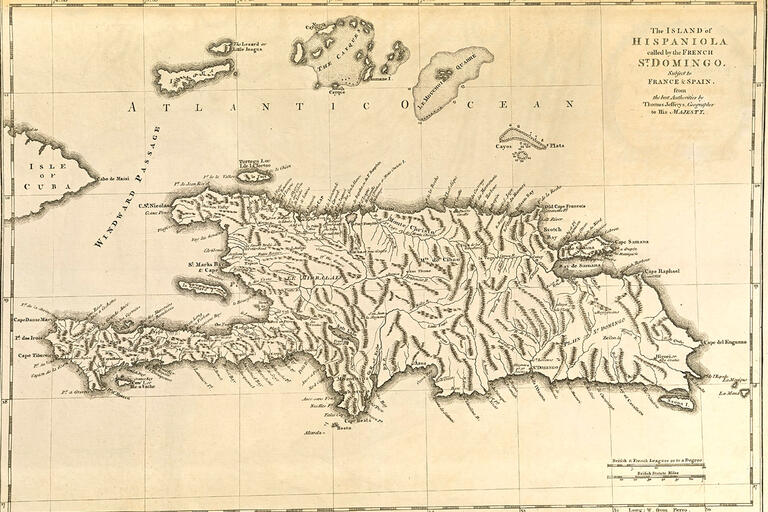 A 1758 map of “The island of Hispaniola, called by the French St. Domingo.” (Image from the Norman B. Leventhal Map Center.)
