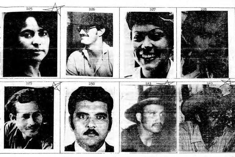 A page from El Salvador’s “Yellow Book,” with photos of civilians marked as potential targets for violence by the military. (Image courtesy of Angelina Snodgrass Godoy.)