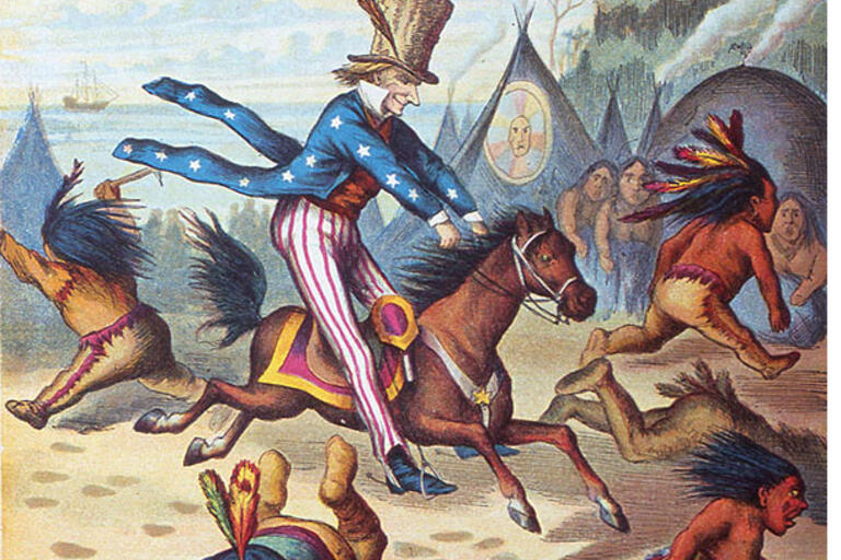 A clownish image of propaganda: “Uncle Sam scatters the Indians,” 1850. (Image from Getty Images.)