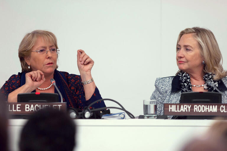 Michelle Bachelet and Hillary Rodham Clinton at a high-level UN meeting for women political leaders, 2011. (Photo courtesy of UN Women.)