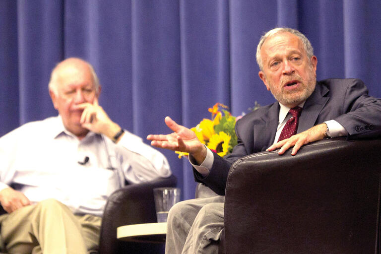 Ricardo Lagos and Robert Reich speaking for CLAS at UC Berkeley, September 2012. (Photo by Jim Block.)