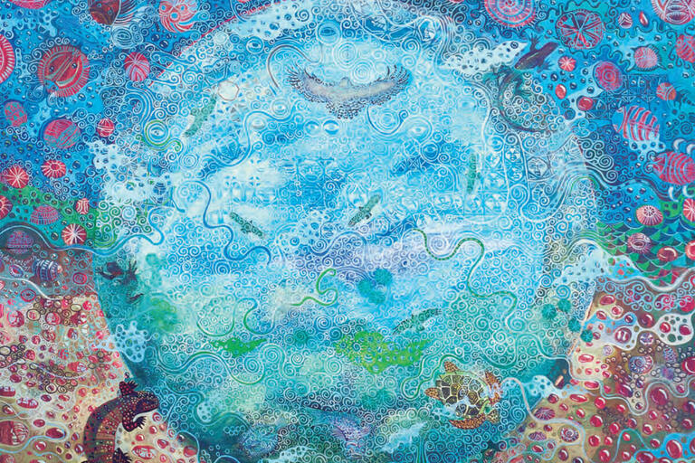 A hypnotic blue pool centers a painting in this detail from Alfredo Arreguín, “Cenote” (1980), 48 x 48 in., private collection. (Image courtesy of Alfredo Arreguín.)