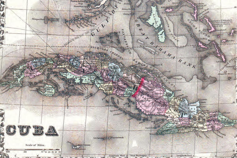 An 1872 map of Cuba with a large red line showing the stark delineation of east and west. (Image from Wikimedia Commons.)