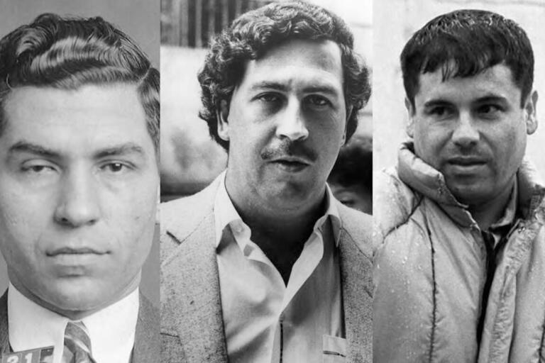 A triptych of portraits of Lucky Luciano, Pablo Escobar, and Joaquin “El Chapo” Guzmán. (Photos from Wikimedia Commons.)