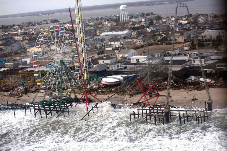 A damaged coastal amusement park seen from an aerial tour of Hurricane Sandy damage to New Jersey’s barrier beaches, November 2012. (Official White House Photo by Sonya N. Hebert.)