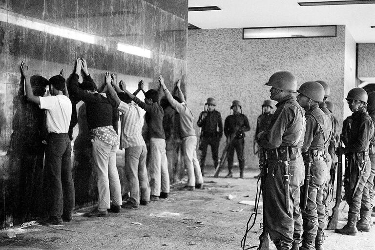 Soldiers line up detained students against a wall in Tlatelolco, October 1968.  (Photo by AP Photo.)