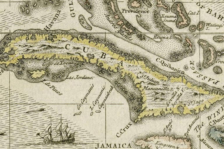 Cuba as shown on an English map by  W.H. Toms in 1733. (Image from Darlington Digital Library, University of Pittsburgh.)