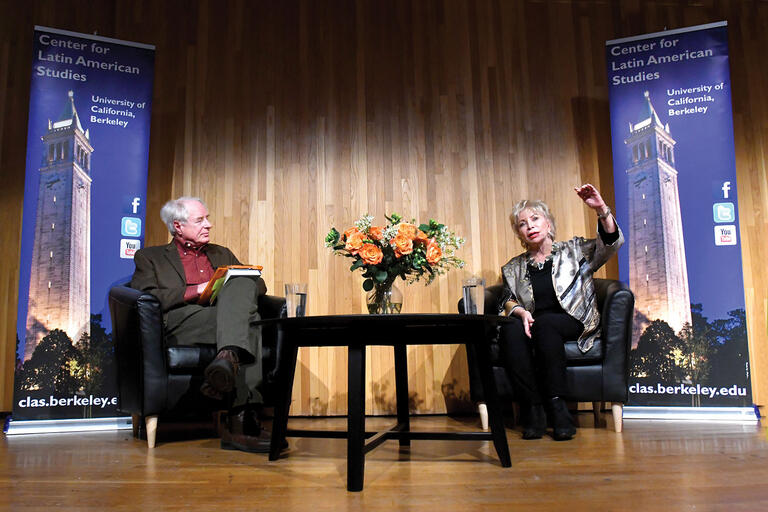 Adam Hochschild and Isabel Allende, in conversation on the UC Berkeley campus, February 2020. (Photo by Peg Skorpinski.)