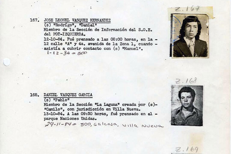 Two entries on a page from the Guatemalan military’s dossier of the disappeared, with photos and brief descriptions.  The penciled code “300” indicates execution. (Photo courtesy of Kate Doyle.)