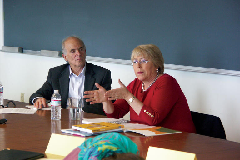 Michelle Bachelet teaches a class at Berkeley as Harley Shaiken looks on,  April 2011. (Photo by Brittany Gabel.)