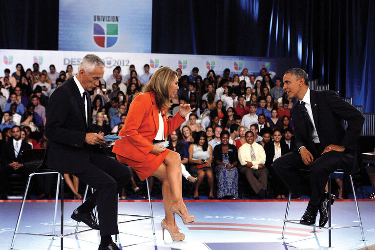 President Barack Obama on stage being interviewed by Univision’s national anchors, Jorge Ramos and María Elena Salinas, during the 2012 campaign. (Photo by Jeffrey M. Boan/Univision.)