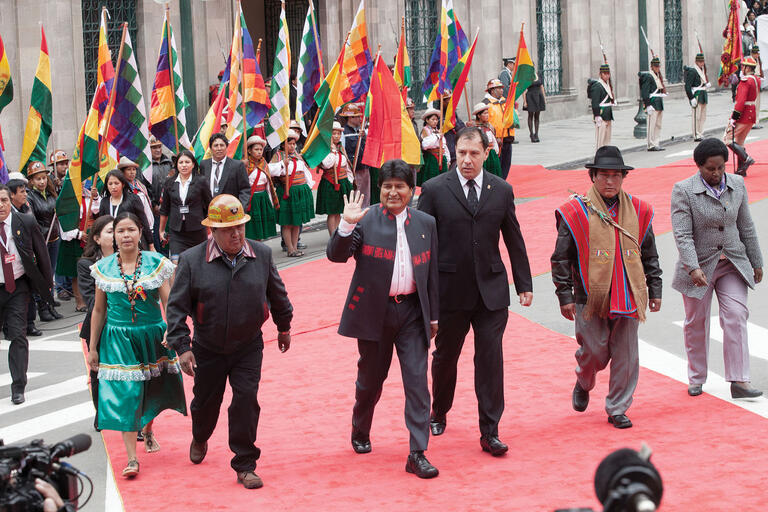 Evo Morales waves to supporters during his third inauguration in January 2015, La Paz, Bolivia. (Photo by David G Silvers / Cancillería del Ecuador.)