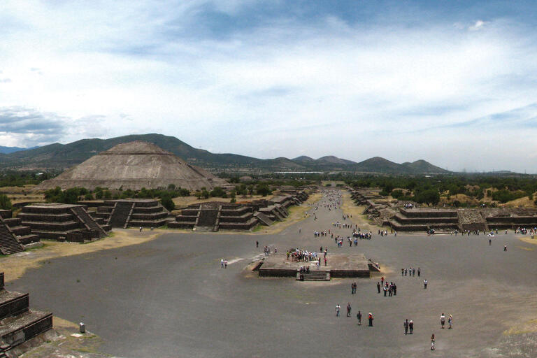 An aerial view of the structures on the Avenue of the Dead and the Pyramid of the Sun at Teotihuacán. (Photo by Oscar Palma.)