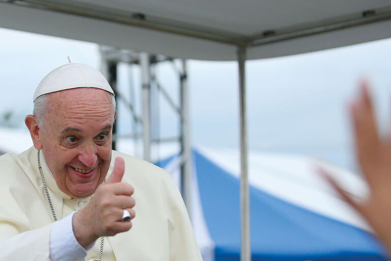 A smiling Pope Francis gives a thumbs up during an event in Seoul, South Korea. (Photo by Jeon Han/Korea.net.)