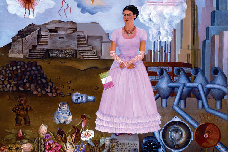 Frida Kahlo, “Self-Portrait on the Borderline Between Mexico and the United States,” 1932, oil on metal.  (© 2014 Banco de México Diego Rivera Frida Kahlo Museums Trust,  Mexico, D.F. / Artists Rights Society (ARS), New York.)
