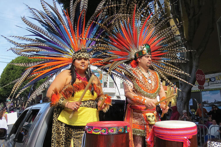 Members of Xiuhcoatl Danza Azteca in San Francisco at the annual Carnaval San Francisco. (Photo by Carnaval.com Studios.)
