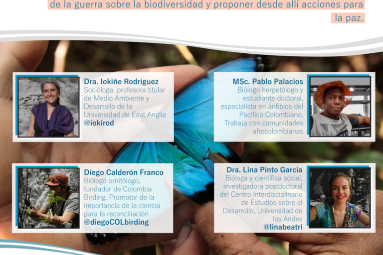 Contruyendo ciencias para la paz flyer in Spanish with photos of the four speakers 