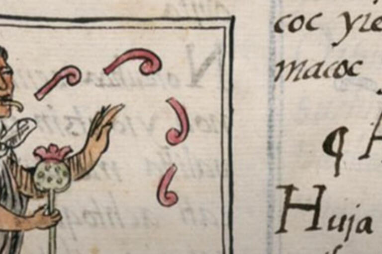 A Nahuatl man singing, with words in Nahuatl, part of a manuscript.
