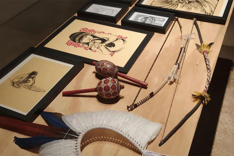 An exhibition of Indigenous artwork on a table in Brazil. (Photo from José Alecrim.)