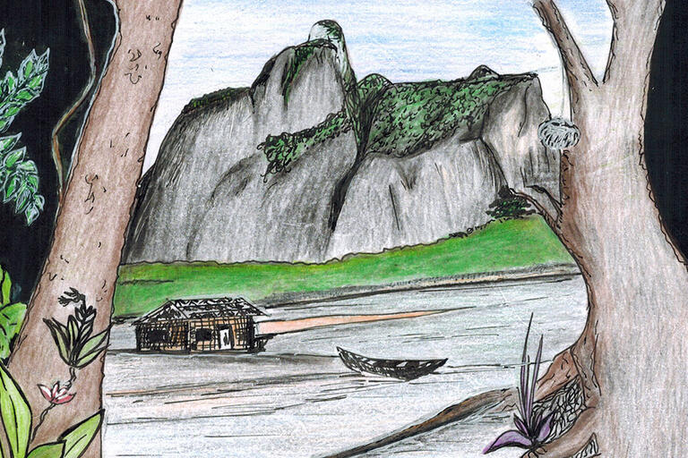 Painting of a small house and a canoe on a river, seen through jungle trees. Work by Gil Morais.