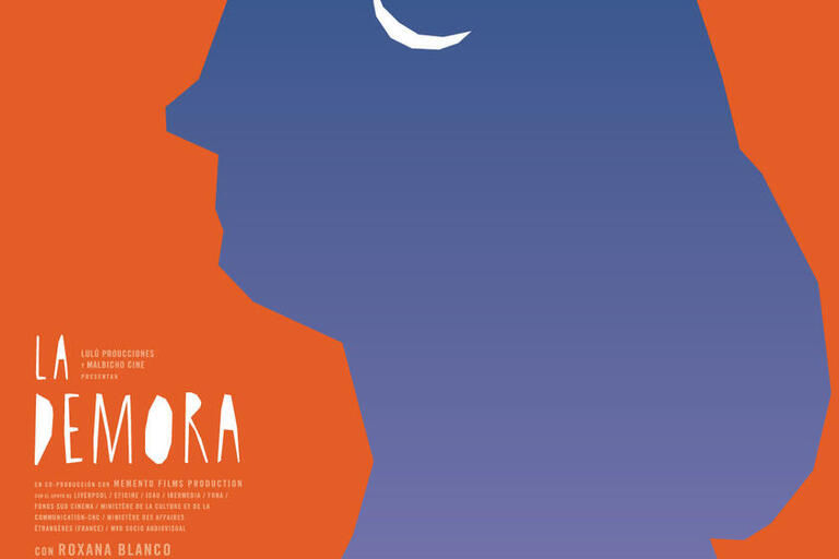 La Demora film poster orange with a blue silhouette 