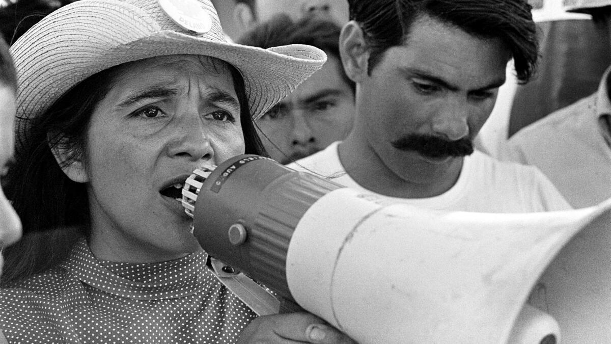 Image of a woman speaking into a megaphone.