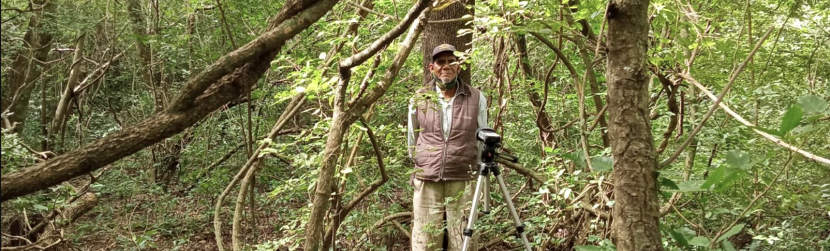 Man stands in a forest in front of a video camera