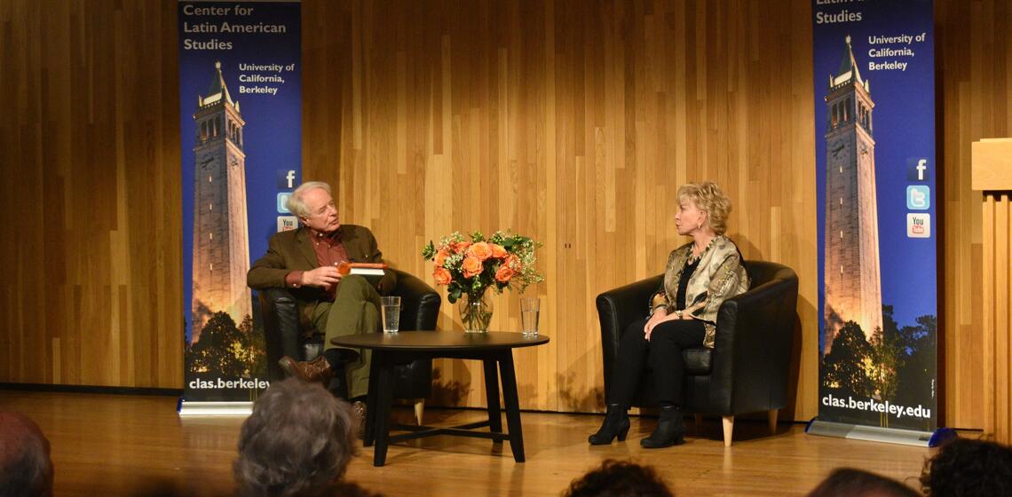 Adam Hochschild and Isabel Allende seating and speaking at Berkeley