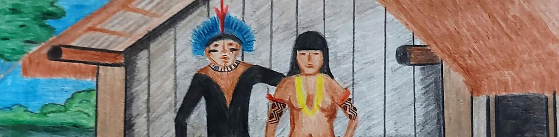 A color drawing of an Indigenous woman and man, in grass skirts, seated on a bench in front of a building.
