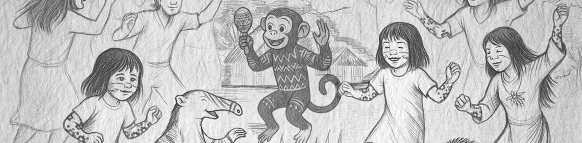 A pencil drawing of children and animals around a fire, linked to the article A festa dos animais from Revista Pihhy.