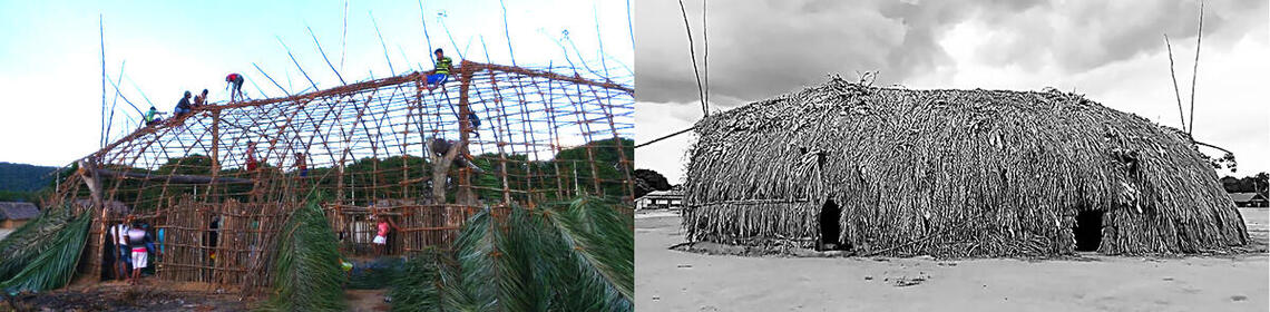 A Takãra, a building central to Indigenous village life in one Brazilian culture, covered in palm fronds.