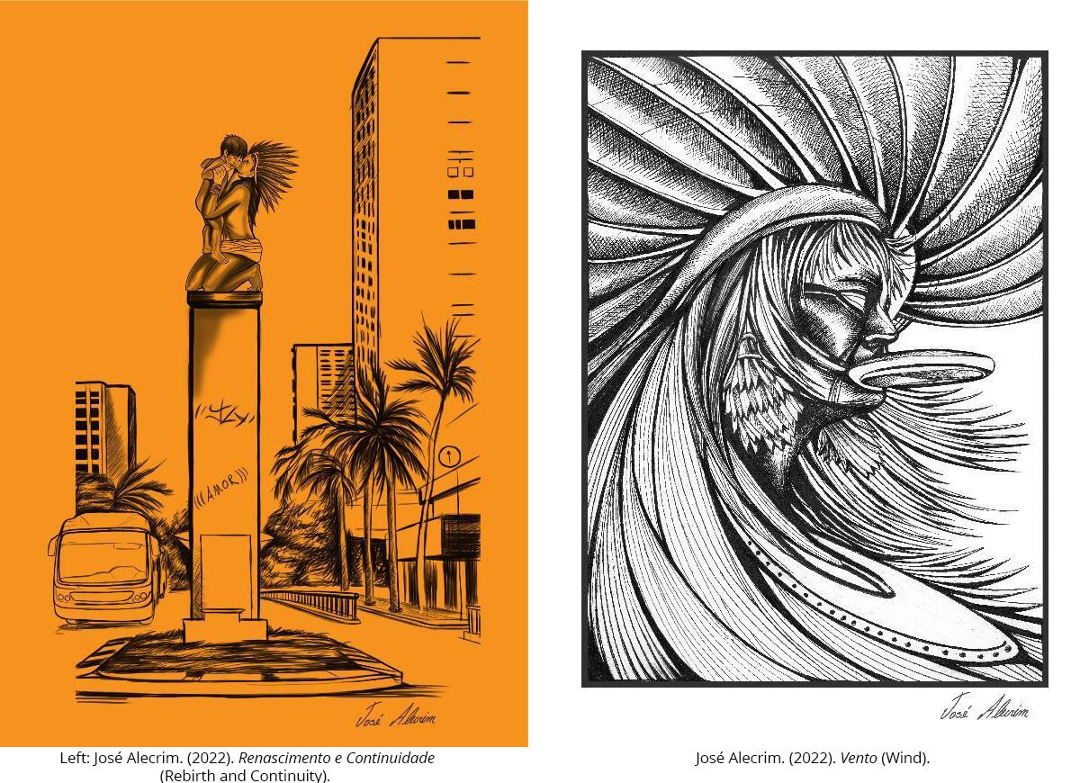 Two artworks, one a statue of an Indigenous mother and child on a column in a cityscape, the other a stylized Indigenous person with a complicated headpiece and a lower lip disk.  José Alecrim, "Renascimento e Continuidade" and "Wind."