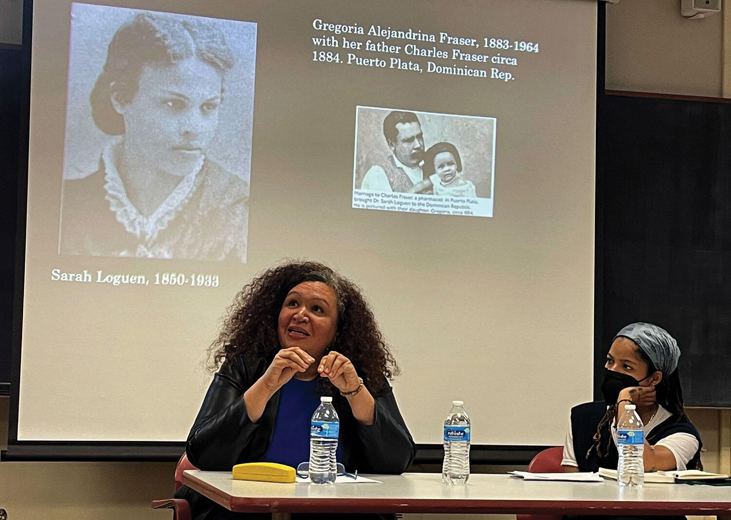 Lorgia García Peña (left) at her UC Berkeley talk in 2023, with franchesca araújo. (Photo by CLAS Staff.)