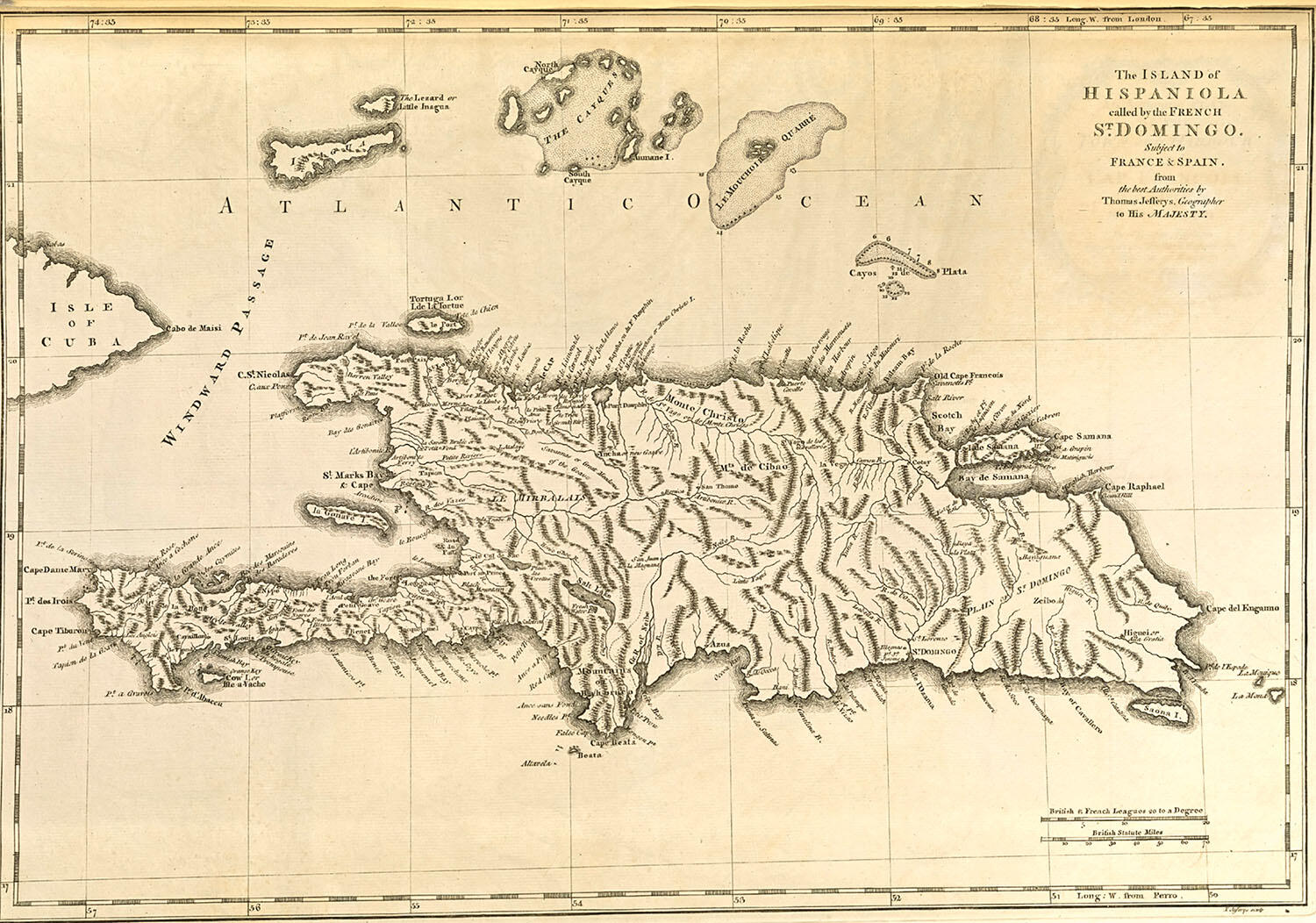 A 1758 map of “The island of Hispaniola, called by the French St. Domingo.” (Image from the Norman B. Leventhal Map Center.)